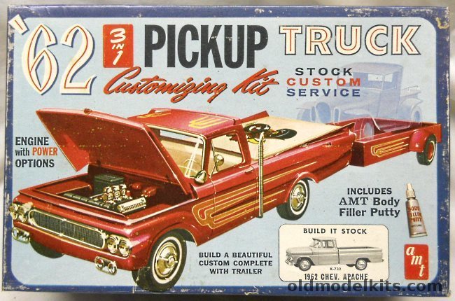 AMT 1/25 1962 Chevrolet Apache Pickup Truck With Trailer Plus AMT Body Putty and Sandpaper, K732-200 plastic model kit